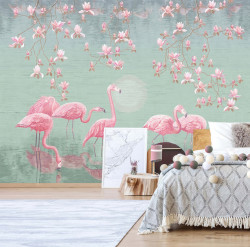 Fototapet, Flamingo roz și flori de magnolie pe un fundal verde pal