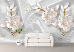 Fototapet, Flori albe pe un fundal de mătase albă