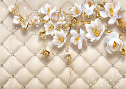 Fototapet, Flori albe și ramuri aurii pe un fundal alb