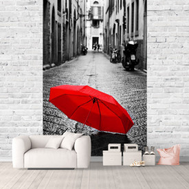 Fototapet, O umbrelă roșie pe asfalt