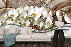 Fototapet, Orhidee albe și pietre prețioase pe fundal 3D