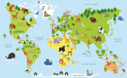 Fototapet pentru copii, Harta lumii pe un fundal albastru