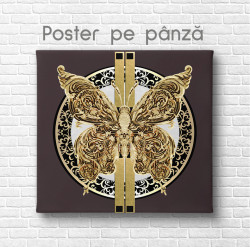 Poster, Fluture auriu pe fond maro cu elemente decorative