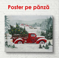 Poster, Mașină retro roșie cu bradul de Crăciun