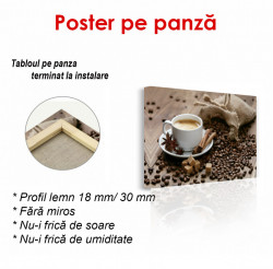 Poster, O pungă de boabe de cafea pe o masă