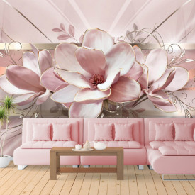 Fototapet 3D, Flori roz pe un fundal roz