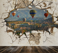Fototapet 3D, Gaură în perete cu vedere la peisaj cu baloane cu aer cald