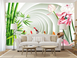 Fototapet 3D, Tunel arcuit cu flori de lotus și ramuri de bambus