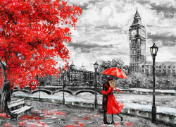 Fototapet, Cuplu îndrăgostit în Londra ploioasă și copacul roșu