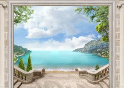 Fototapet, O fereastră deschisă cu Priveliște la mare