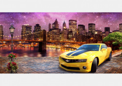Fototapet, O mașină galbenă pe fundalul orașului în noapte