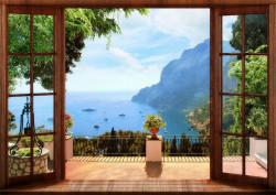 Fototapet, O priveliște de la fereastră maro spre lac și munți