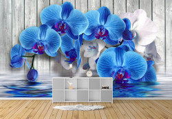 Fototapet, Orhidee albastră pe fundalul panoului din lemn