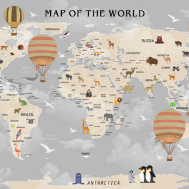 Fototapet pentru copii, Harta lumii cu animale