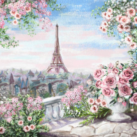 Fototapet, Priveliștea frumoasă de la balcon cu flori roz