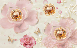Fototapet, Trandafiri roz dintr-o broșă cu fluturi aurii