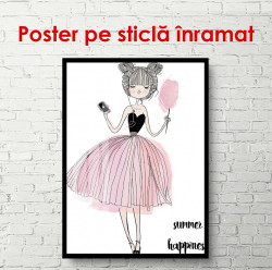 Poster, Fata desenată într-o fustă roz, cu o oglindă în mână