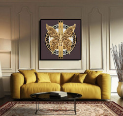 Poster, Fluture auriu pe fond maro cu elemente decorative