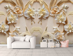 Fototapet 3D, Flori albe cu petale de aur