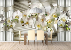 Fototapet 3D, O orhidee albă pe fundalul unor coloane