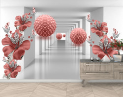 Fototapet 3D, Sfere și flori roșii într-un tunel 3D