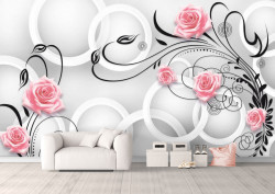 Fototapet 3D, Trandafiri roz cu frunze negre pe un fundal alb