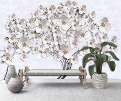 Fototapet, Copac cu efect 3D cu flori albe