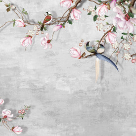 Fototapet, Crenguța cu flori roz de magnolie și păsări pe un fundal cenușiu