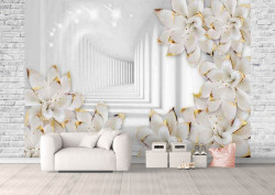 Fototapet, Flori albe cu vârfuri aurii într-un tunel alb