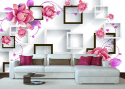 Fototapet, Flori roz cu pătrate pe un fundal alb