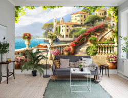 Fototapet Fresco, Peisaj cu vedere la lac de pe terasă