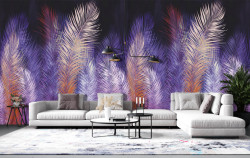Fototapet, Frunze de palmier colorate pe fundal violet