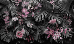 Fototapet, Frunze de plante tropicale cu flori roz 2