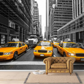 Fototapet, Mașini galbene într-un oraș gri