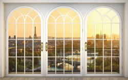 Fototapet, O fereastră arcuită albă, cu Priveliște spre Paris