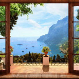 Fototapet, O priveliște de la fereastră maro spre lac și munți