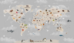 Fototapet pentru copii, Harta lumii cu animale și pești