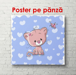 Poster, Pisica roz pe un fundal albastru