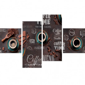 Tablou modular, Cană albastră cu cafea și boabe de cafea pe o tablă neagră