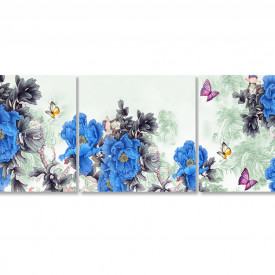 Tablou modular, Flori albastre pe un fundal cenușiu abstract