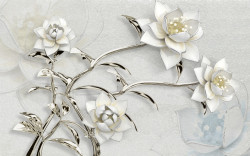 Tablou modular,flori albe cu detalii argintii