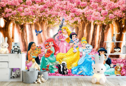 Tapet foto pentru copii, Prințese Disney în parc cu flori roz pe fundalul castelului