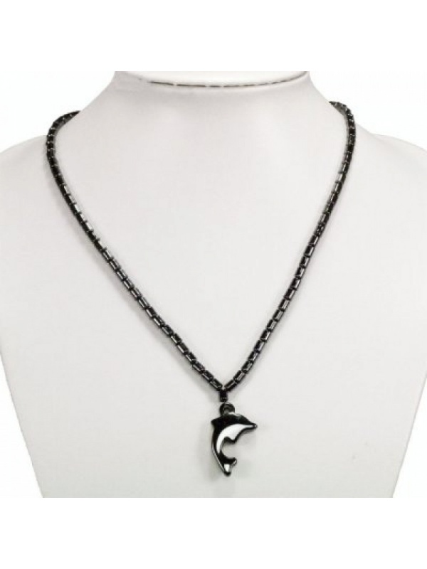 Lantisor cu pandativ din Hematit natural, cu margele din hematit, model Delfin, Negru
