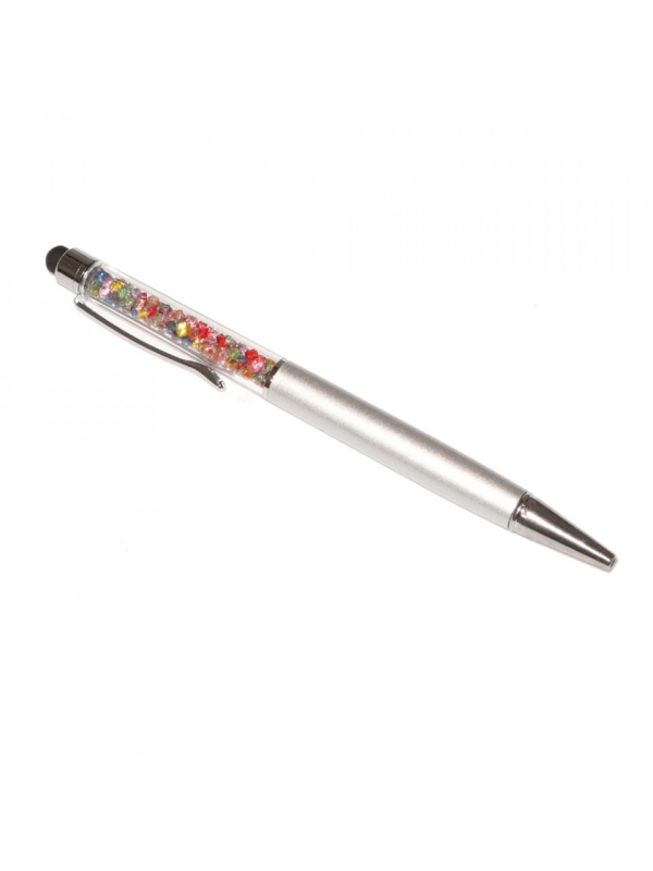 Stylus pen cu pix si cristale colorate, touch pen de culoare argintiu