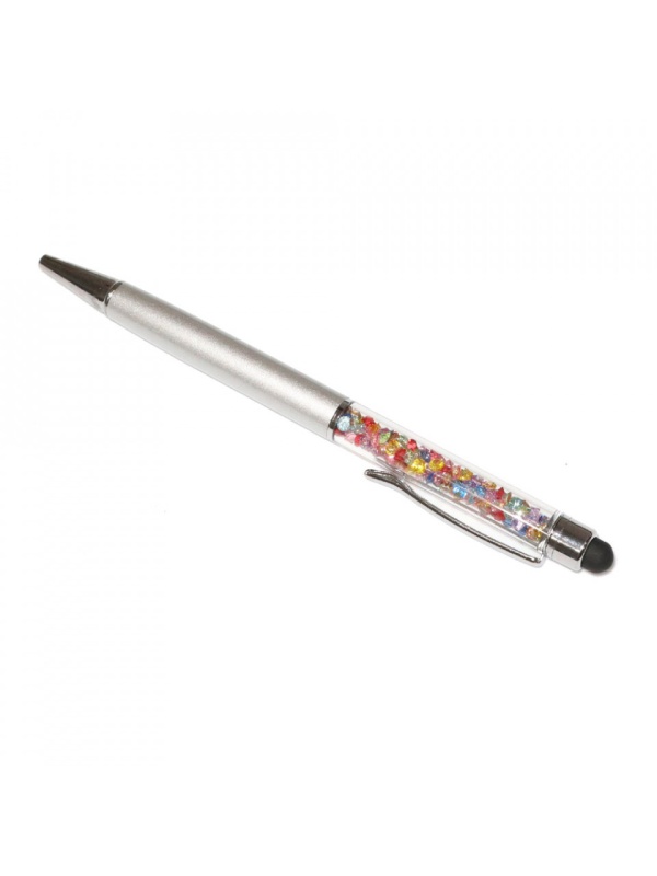 Stylus pen cu pix si cristale colorate, touch pen de culoare argintiu