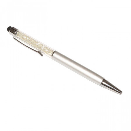 Stylus touch pen cu pix, decorat cu cristale, metalic, argintiu