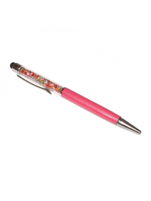 Stylus touch pen cu pix, decorat cu cristale mixte, metalic, roz fuchsia