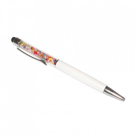 Stylus touch pen cu pix, decorat cu cristale mixte, metalic, alb