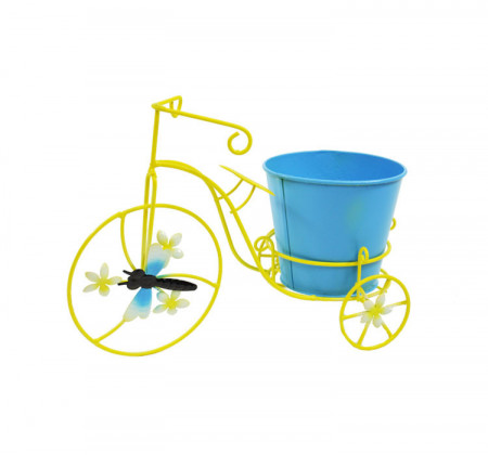 Tricicleta metalica decorativa, cu Ghiveci pentru flori, Galbena