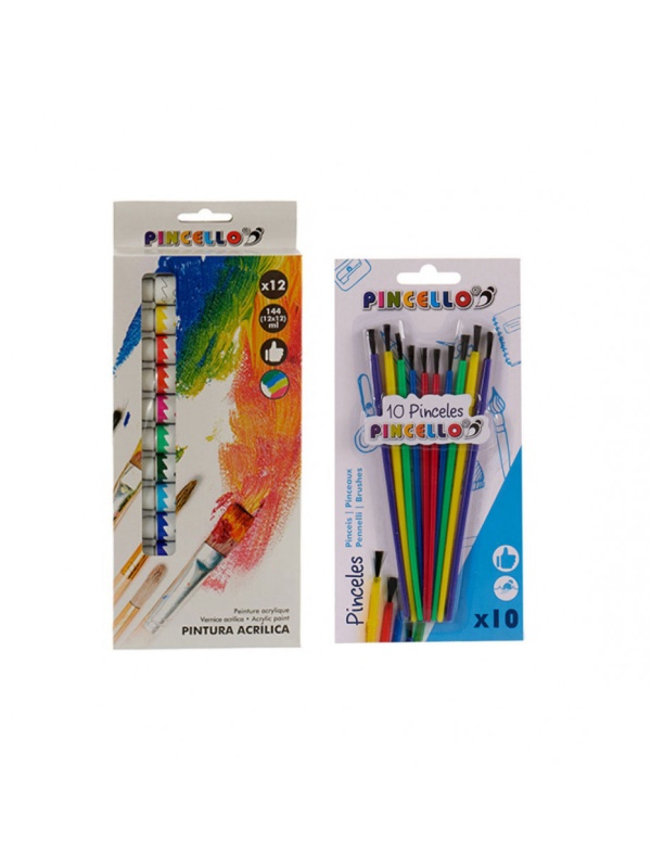 Set pictura Pincello, 12 vopsele Acrilice de 12 ml, 10 pensoane, Multicolor
